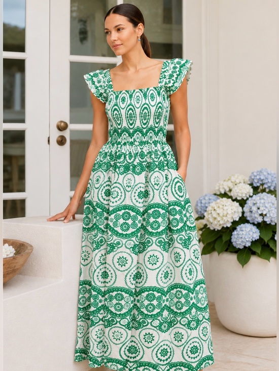 Ana & Rose Dresses & Skirts - Green Embroidered Square-Neck Maxi Dress with Smocked Bodice and Flutter Sleeves